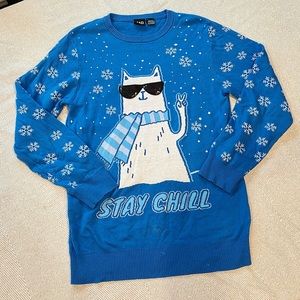 Ugly Christmas Sweater Blue Knit Cat Stay Chill Sweater Boy’s Size XL